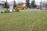 lawn full of flags with c v bus in background
