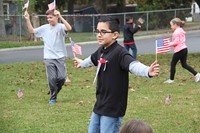 boy waves flags in both hands