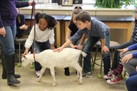 three students pet goat