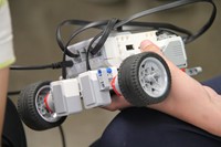 up close shot of robot being made by students