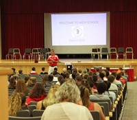 principal heller talking to students at freshman orienation