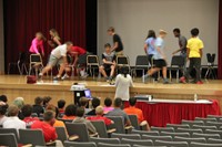 students play musical chairs at freshman orientation from farther away