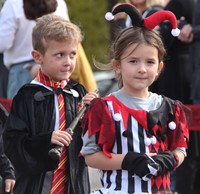 two students wearing halloween costumes