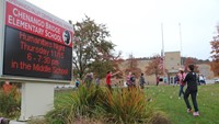 students on front lawn placing flags