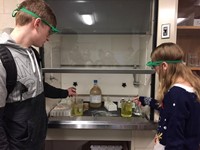 two students putting ornaments in liquid solution