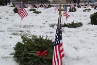 close up of american flag and wreath on grave