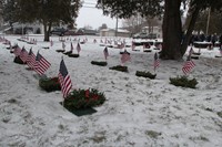 medium shot of graves with people standing in background