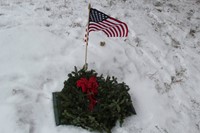 wide shot of wreaths on graves