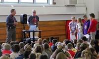 distinguished community member robert stapleton speaking at chenango bridge elementary event