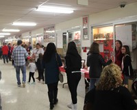 hallway with raffle baskets