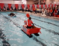 wide shot of students paddling in pool