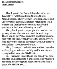 thank you note to essential workers