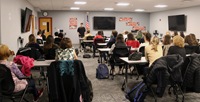 French Exchange student talking to group